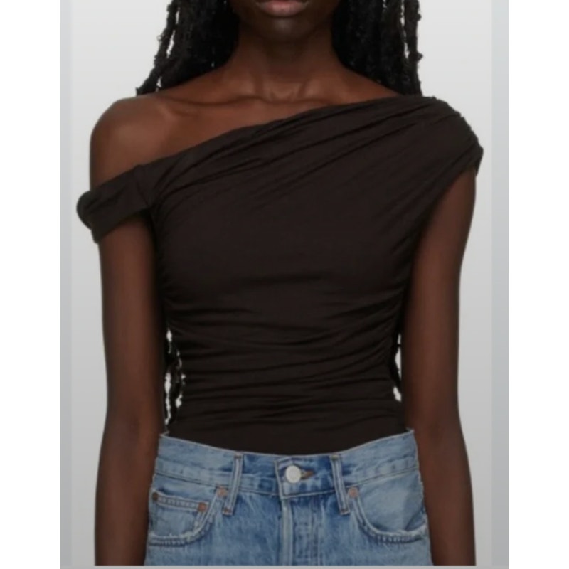 AGOLDE Hilma Stretch Twist Off Shoulder Ruched Bodysuit Black Small
