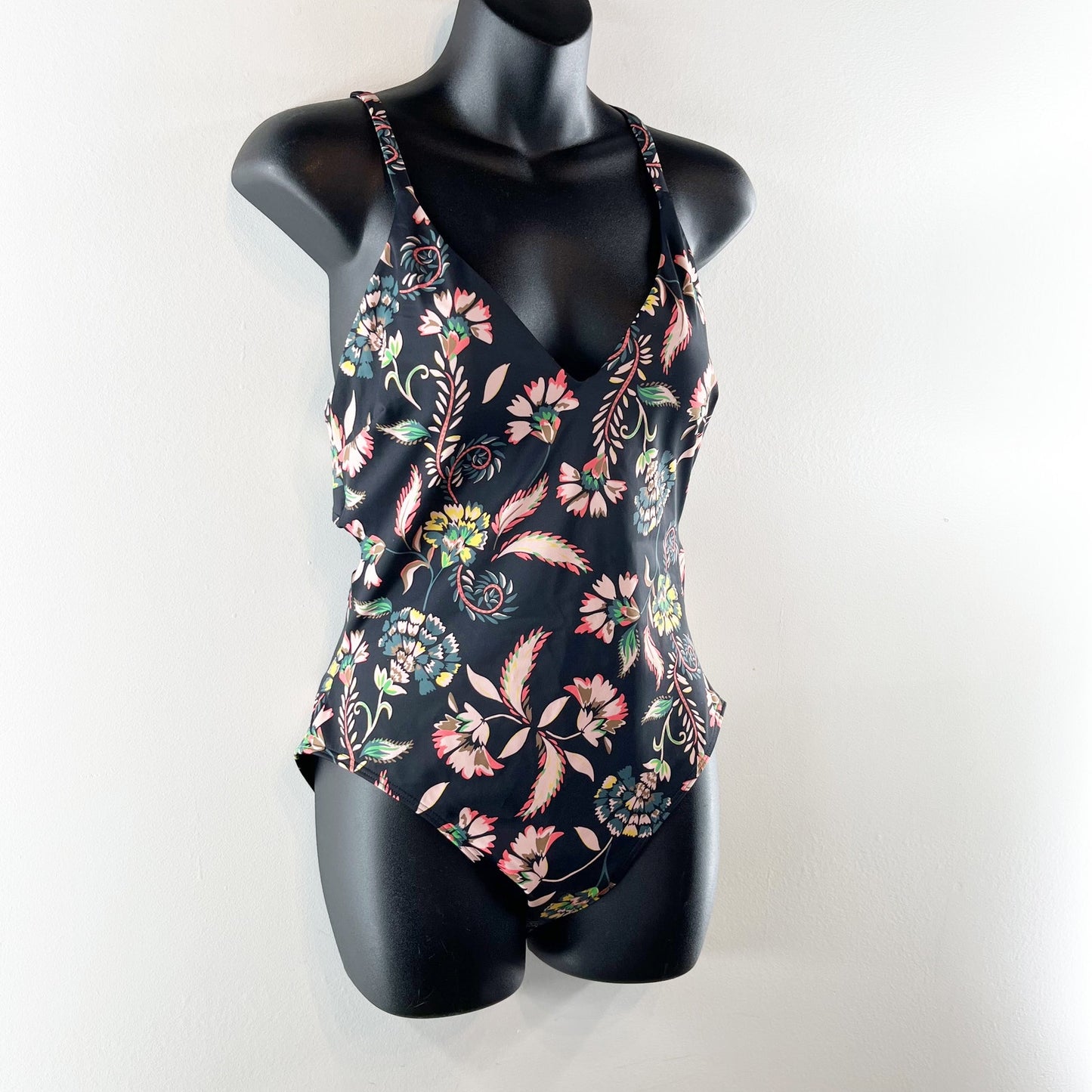 Boden Floral One Piece Low Strappy Back Swimsuit Black 6