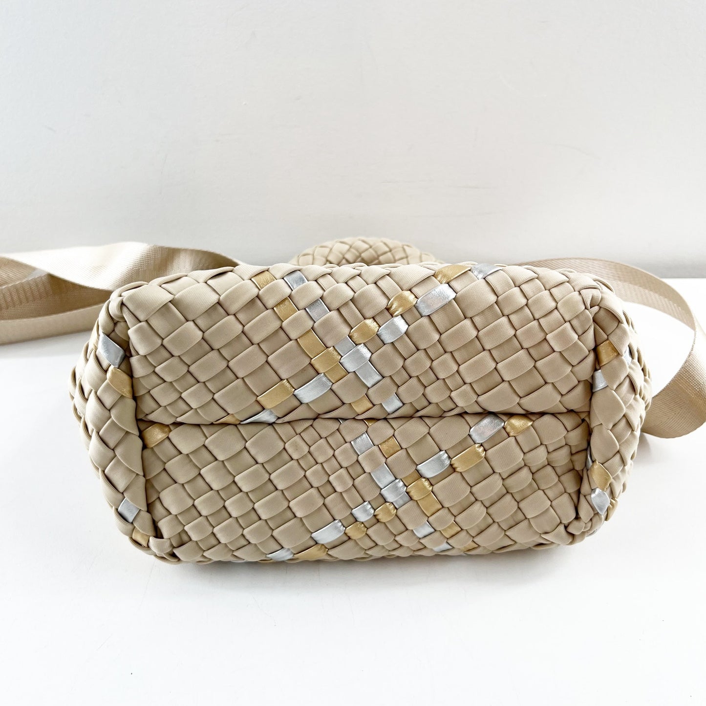 Parker & Hyde Mini Woven Tote Bag Purse with Crossbody Strap Beige Gold Metallic
