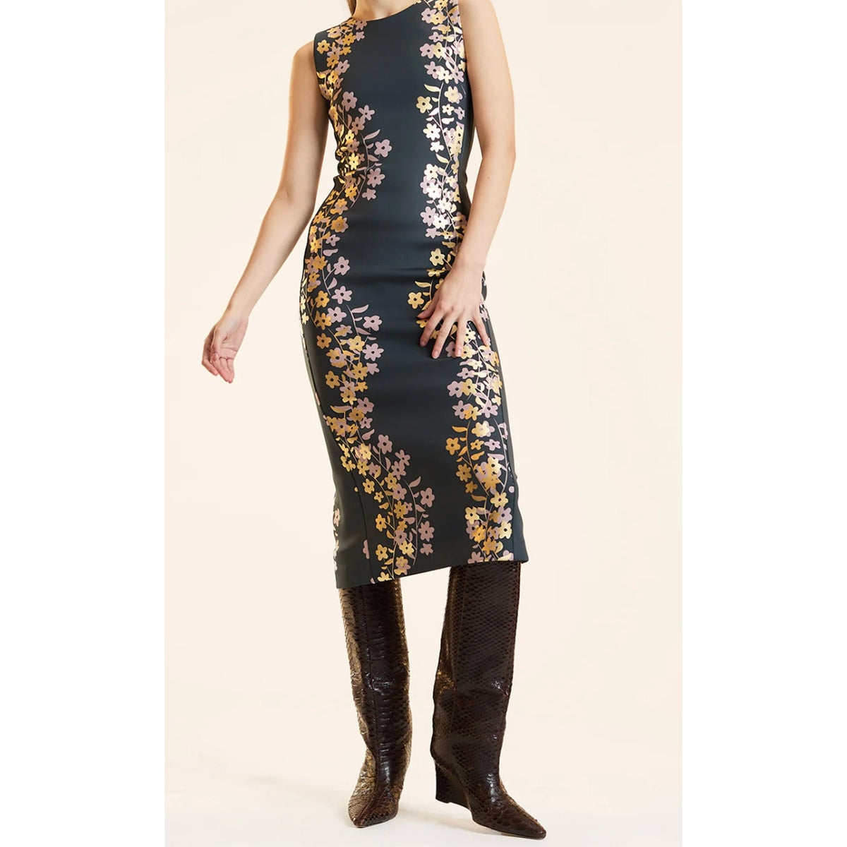 Cynthia Rowley Sleeveless Metallic Floral Scuba Midi Sheath Dress Green 6