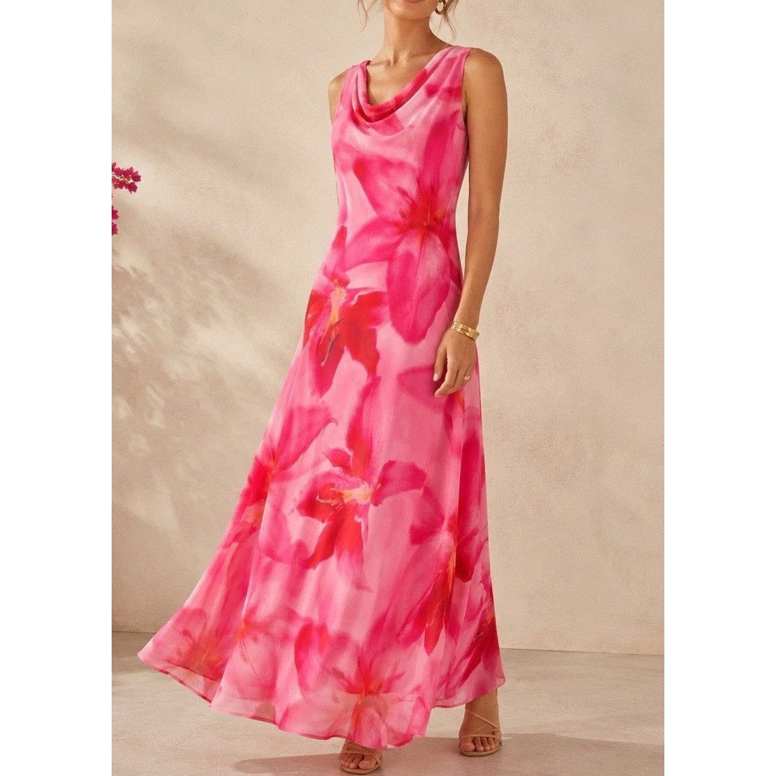 Paper Heart by Anthropologie Floral Sleeveless Cowl Neck Maxi Dress Pink Red XS
