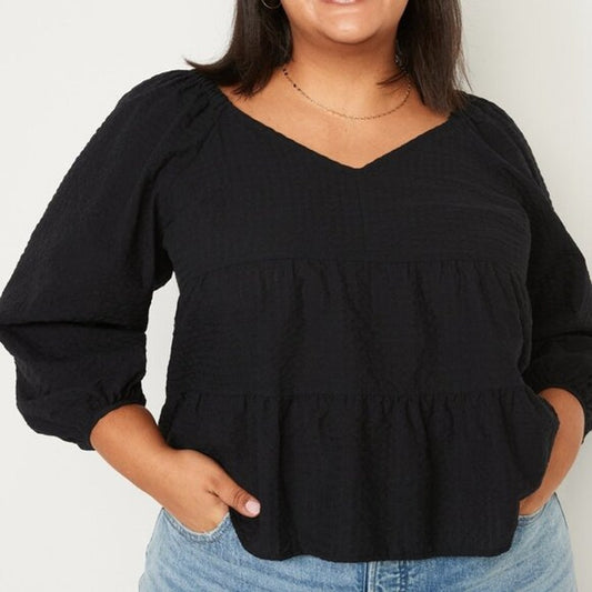 Old Navy Long Sleeve Sweetheart Neckline Seersucker Tiered Peplum Top Black XL