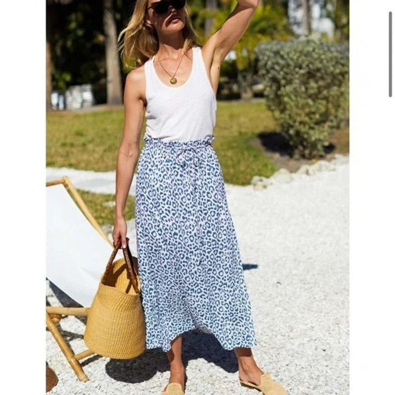 Emerson Fry Pull On High Waisted Drawstring Midi Skirt Leopard Blue XS