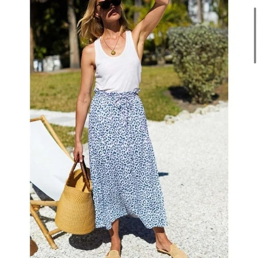 Emerson Fry Pull On High Waisted Drawstring Midi Skirt Leopard Blue XS
