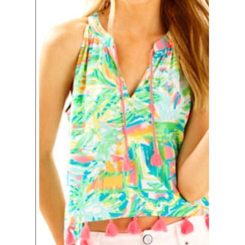 Lilly Pulitzer Roxi Sleeveless Tassel Tie V-Neck Tank Top Sea Salt and Sun Large