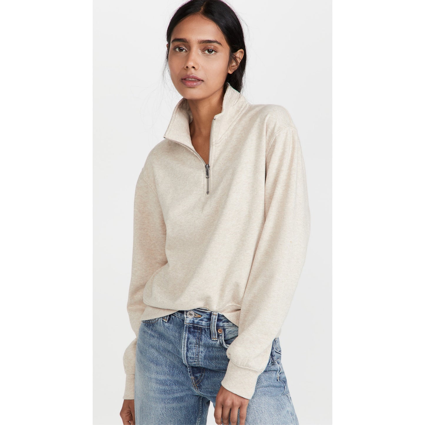 Z Supply On The Run Long Sleeve Half Zip Pullover Sweatshirt Ivory Cream Small