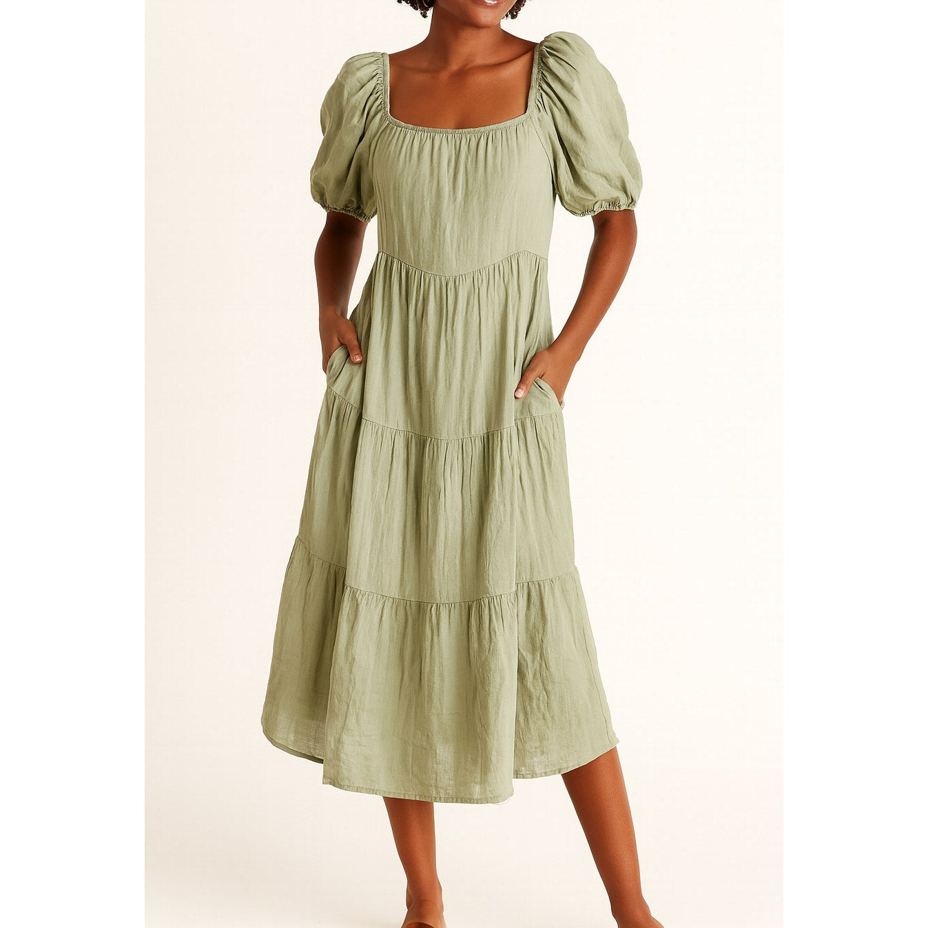 NSR Square Neck Short Puff Sleeve Tiered Smocked Midi Dress Sage Green Medium