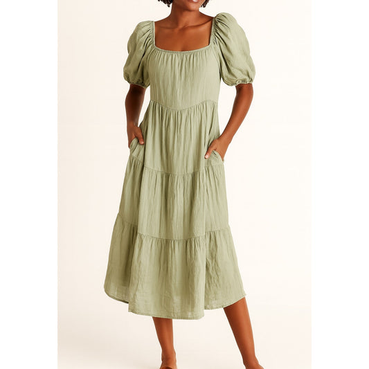 NSR Square Neck Short Puff Sleeve Tiered Smocked Midi Dress Sage Green Medium