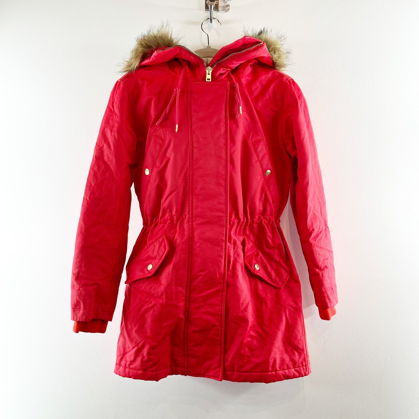 J. Crew Perfect Winter Parka Coat Jacket Faux Fur Trim Hood Red XXS