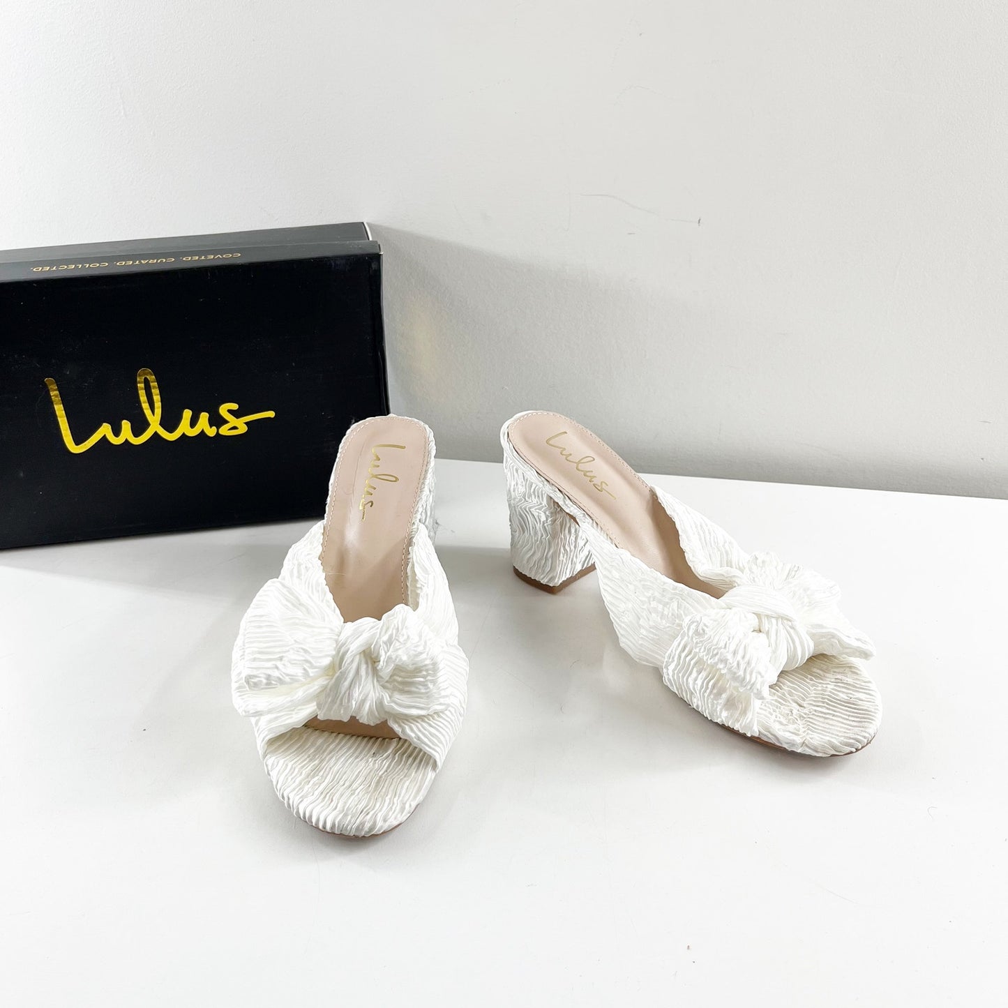 Lulus Dorothea Knotted Bow Peep Toe Block Heel Sandals Shoes Ivory White 8