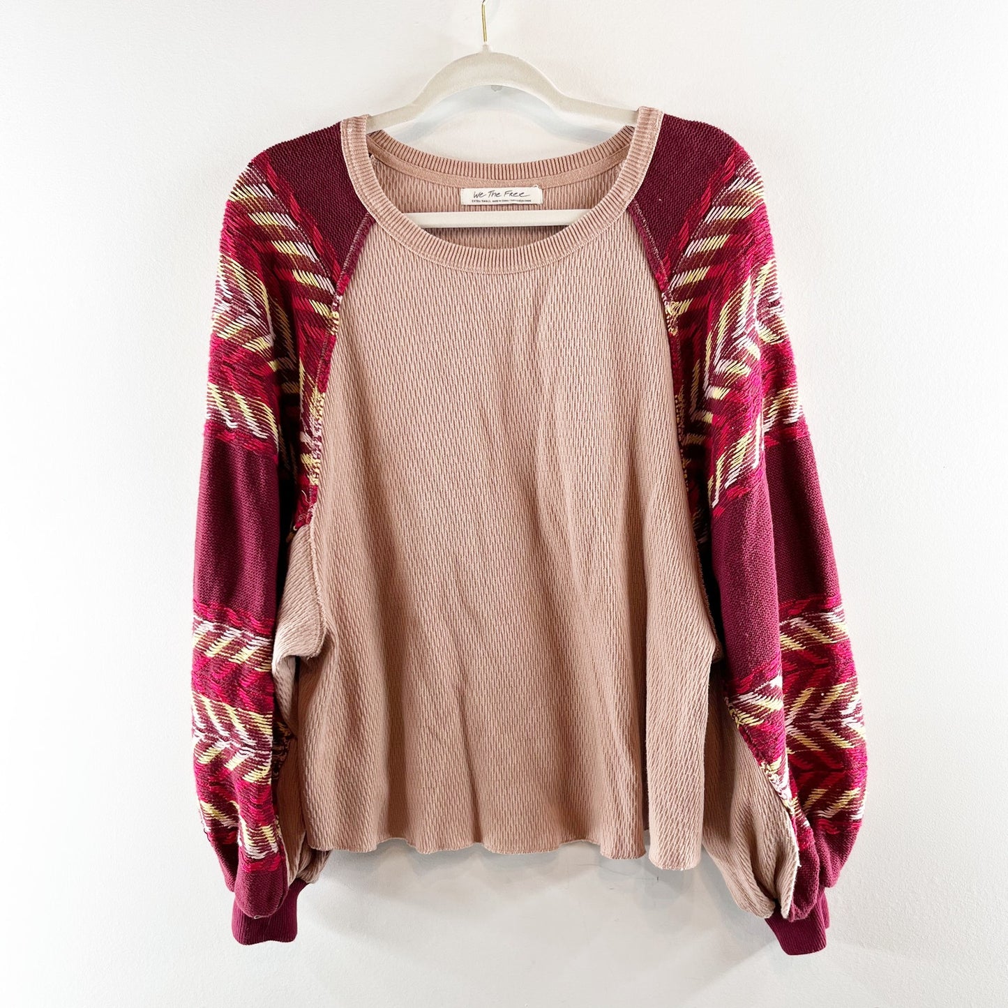 Free People Rainbow Dreams Long Bubble Sleeve Thermal Sweater Tan Pink Red XS