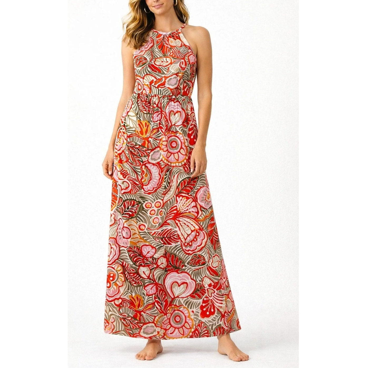 LOFT Tropical Floral Sleeveless Halter Neck Maxi Dress Verona Orange Large