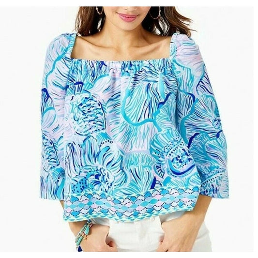 Lilly Pulitzer Lizzie Blouse Top Bermuda Blue Fishful Thinking Blue Lilac Small