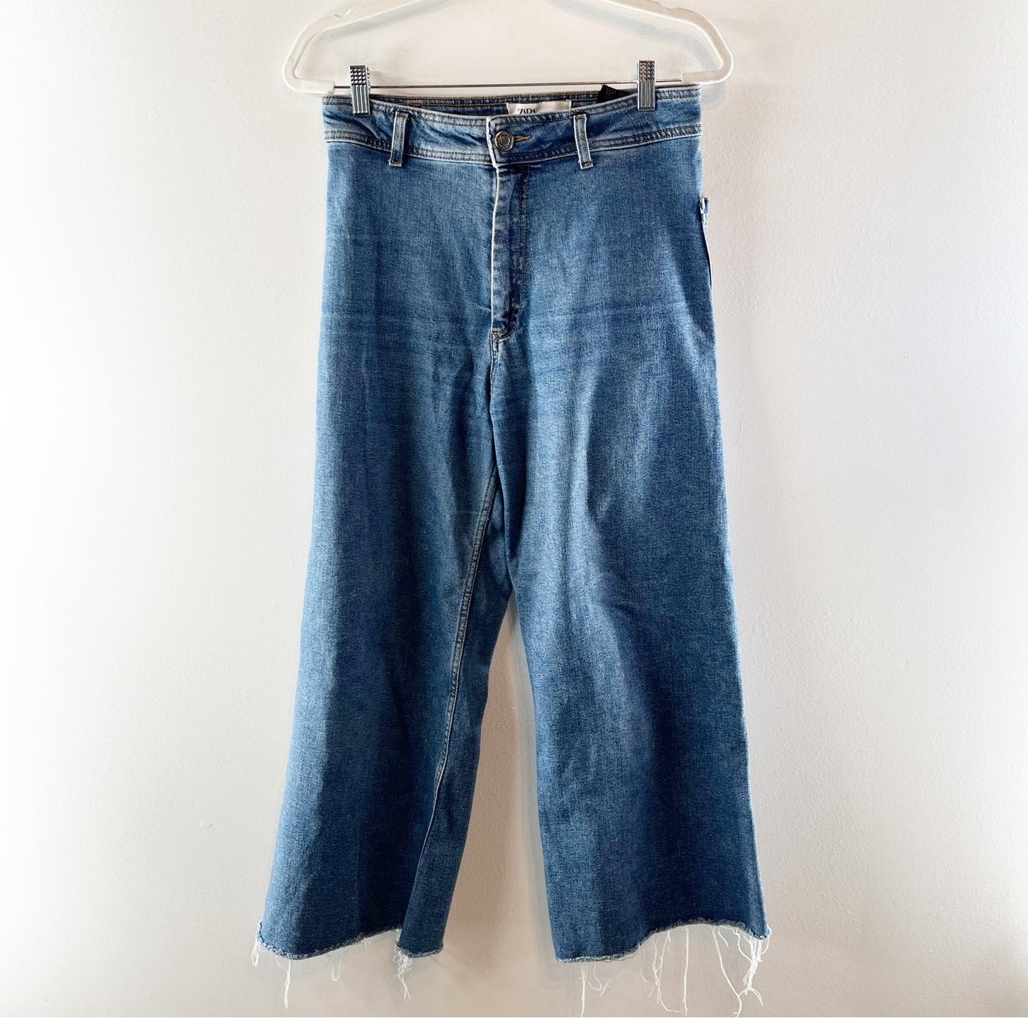 Zara Marine High Rise Frayed Hem Denim Wide Leg Jeans Blue 8