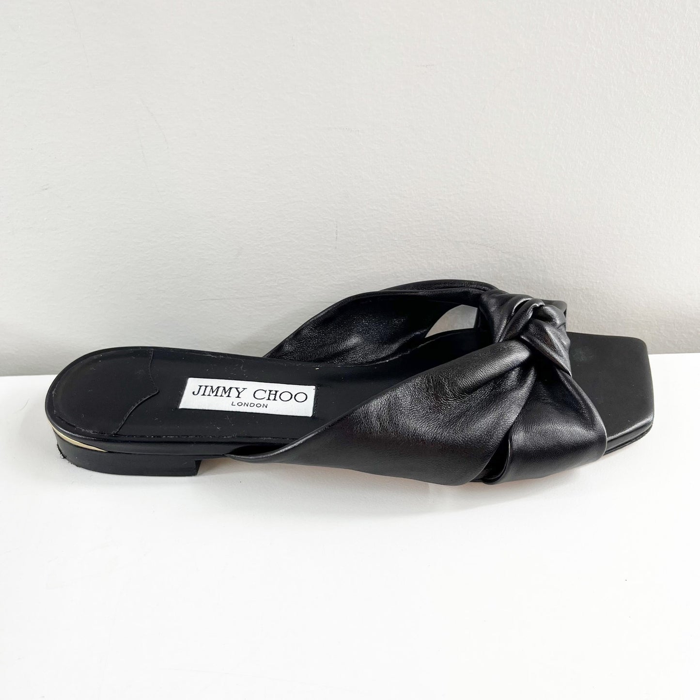 Jimmy Choo Avenue Leather Flat Slide Knot Sandals Black 38.5
