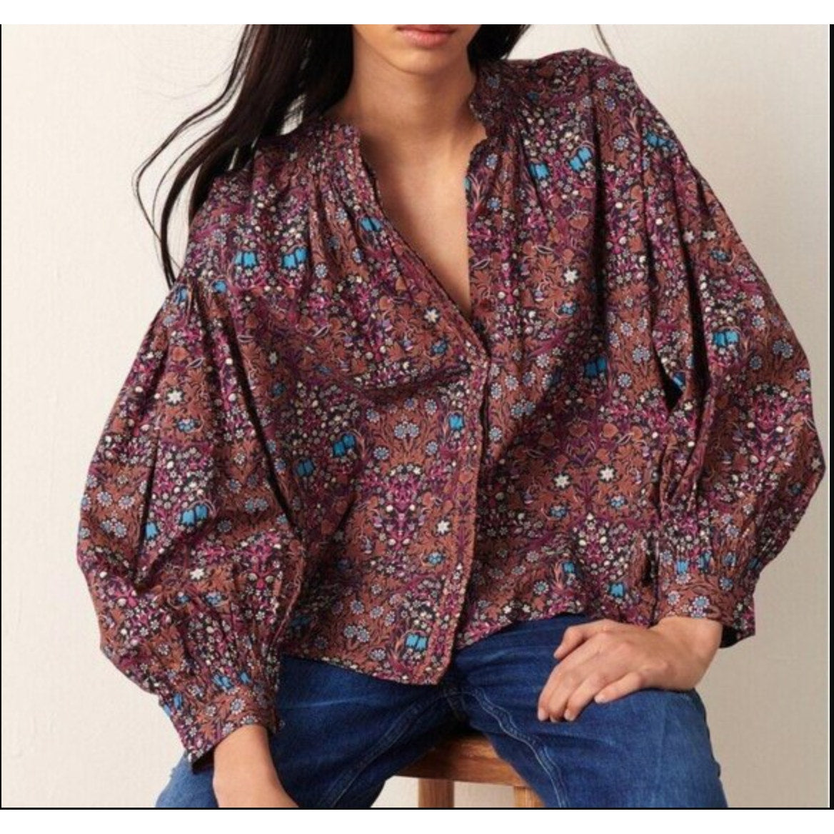 Ba&Sh Ulys Long Balloon Sleeve Cotton Poplin Blouse Top Purple Small