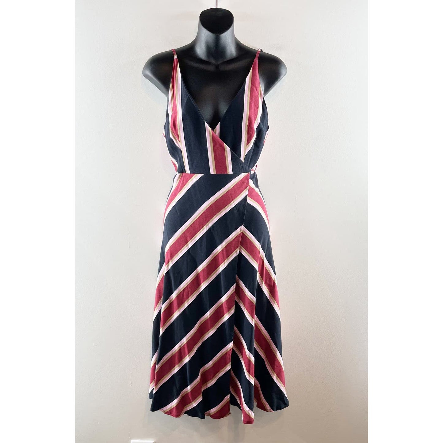 Topshop V Neck Striped Midi Wrap Dress Sundress Black Red 4