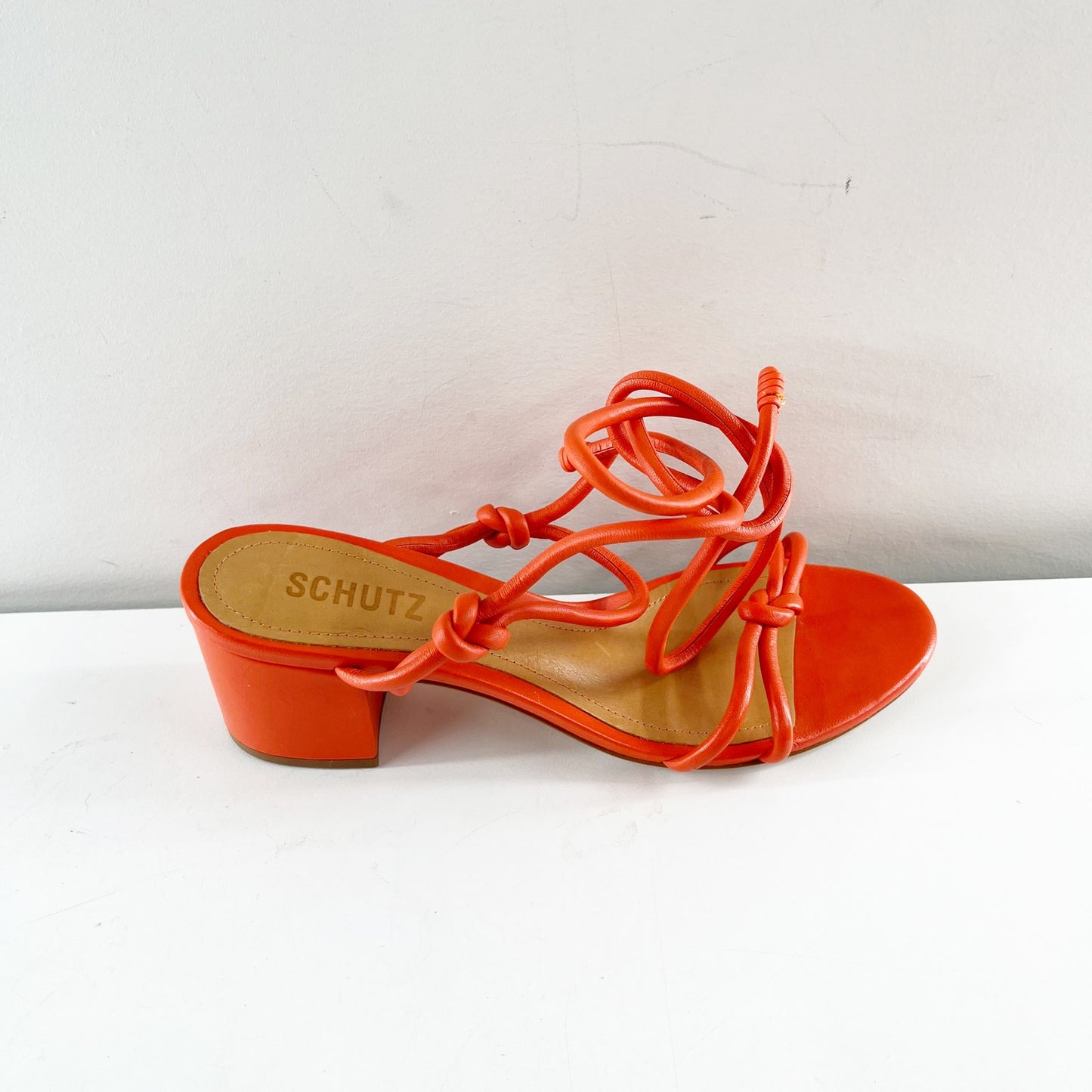 Schutz Nicky Mid Block Heel Ankle Wrap Leather Shoes Sandals Flame Orange 7.5