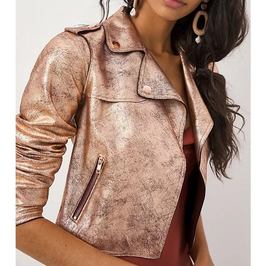 Anthropologie Brisa Metallic Cropped Faux Leather Moto Jacket Rose Gold Small