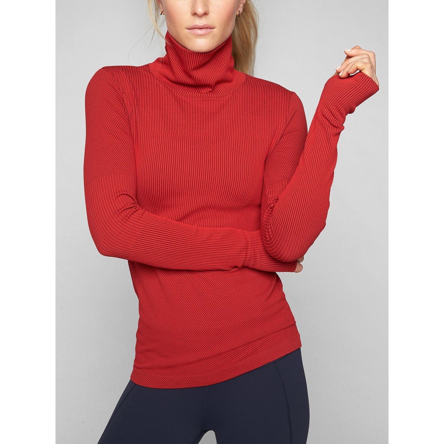 Athleta Flurry Striped Long Sleeve Thumbhole Turtleneck Base Layer Top Red XS