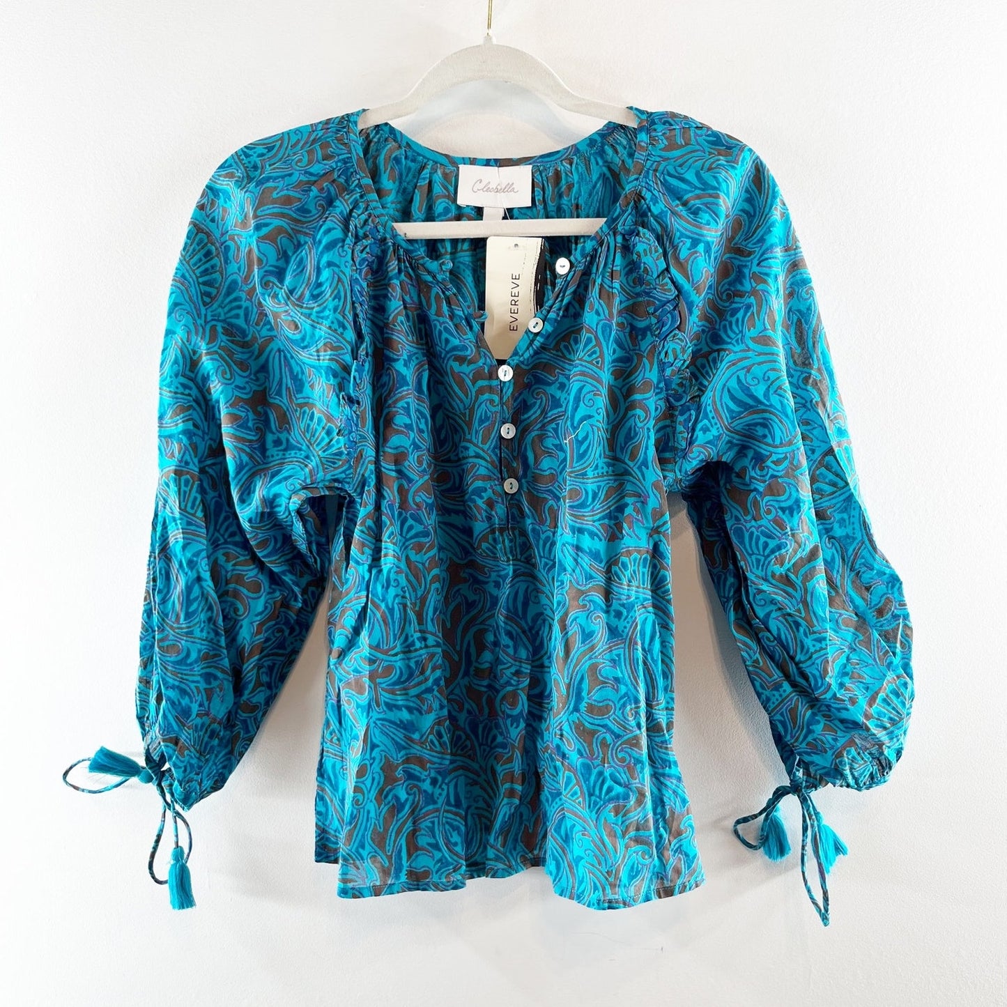 Cleobella Jayda 3/4 Sleeve Blouse in Zuri Block Print Teal Turquoise Green Blue