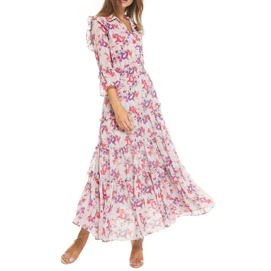 MISA Los Angeles Pamelina 3/4 Sleeve Ruffled Maxi Shirt Dress Lilac Floral XS