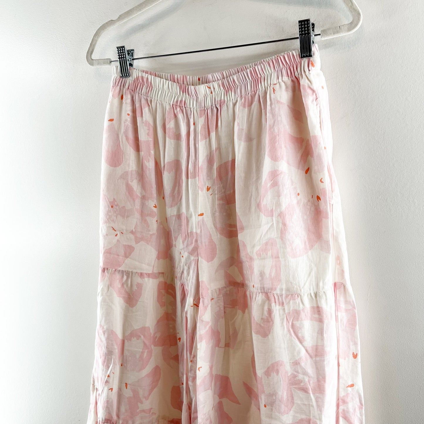 Something Navy Floral Tiered Wide Leg Flare Pants White Pink Medium