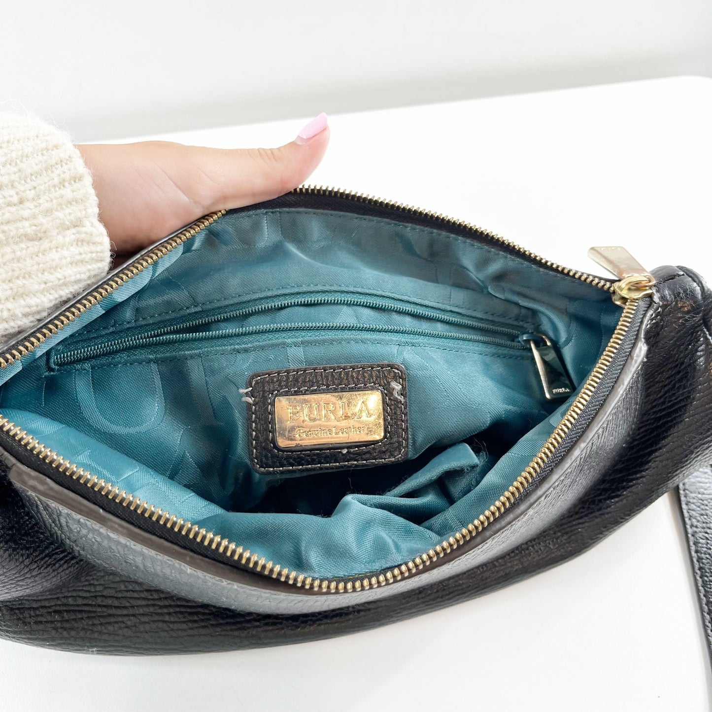 Furla Black Textured Genuine Leather Flapover Shoulder Bag