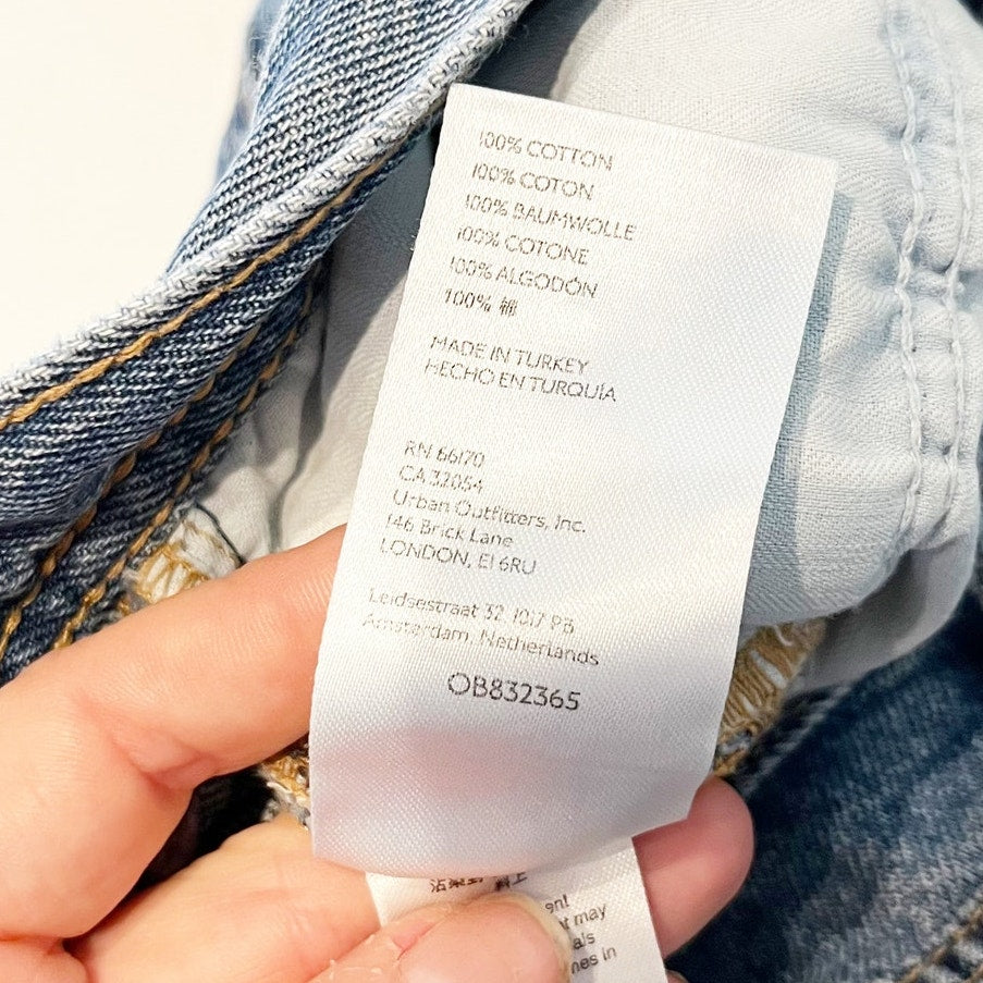 Free People Mid Rise Maggie Button Fly Straight Leg Chewed Hem Jeans Blue 26