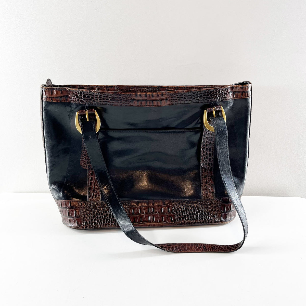 Brahmin Croc Embossed Leather Tote Handbag Purse Black Brown