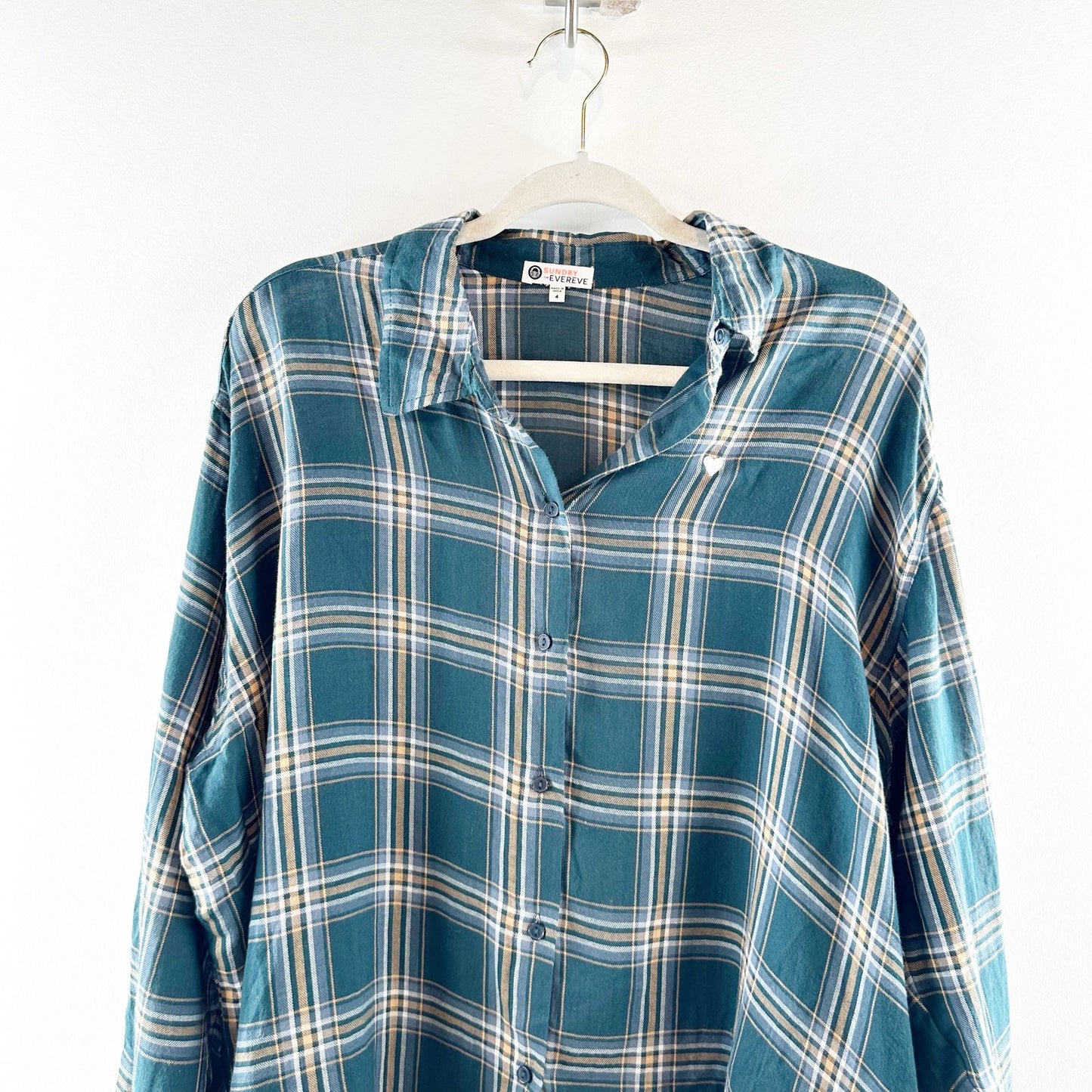 Sundry Evereve Heart Plaid Long Sleeve Hi-Low Button Down Shirt Pine Green Small