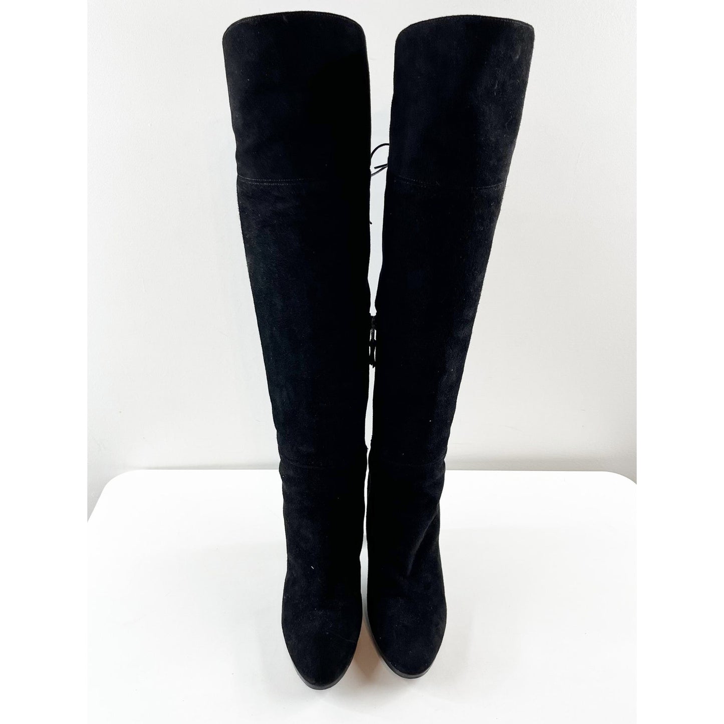 Stuart Weitzman Ariana Heel Over The Knee Lace Up Suede Boots Black 8