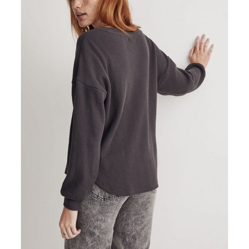 Madewell Waffle Knit V-Neck Long-Sleeve Pullover Sweater Coal Black XL