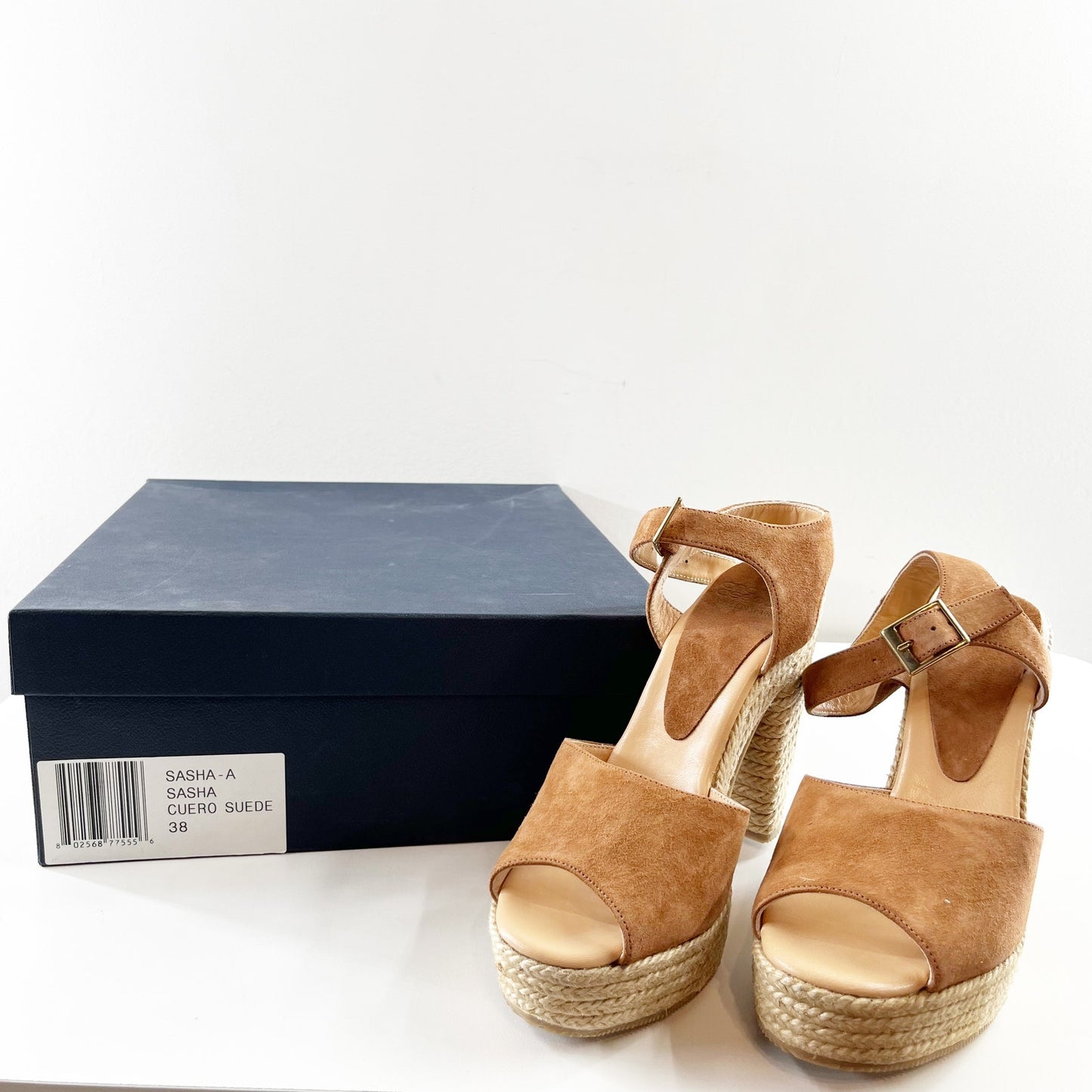 Andre Assous Sasha Suede Espadrille High Heel Sandals Shoes Brown Tan 8