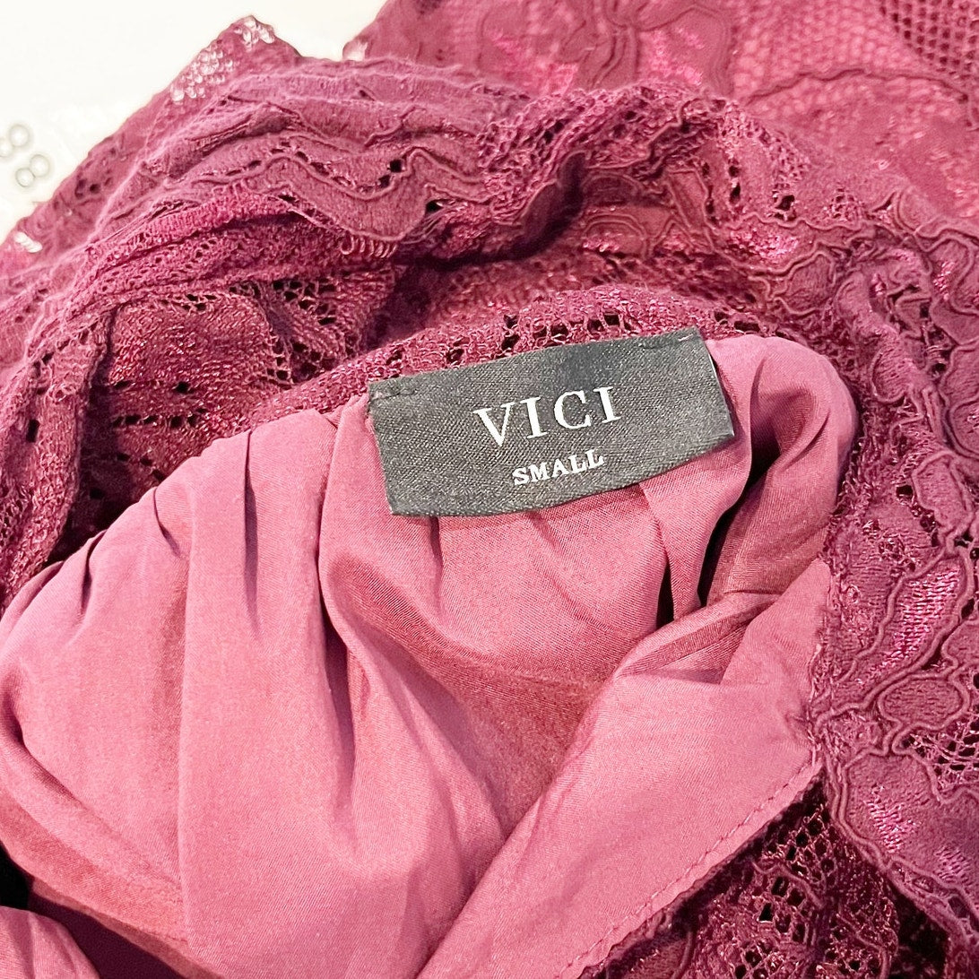 VICI Rather Be Necktie Lace Long Sleeve Tunic Mini Dress Maroon Burgundy Small