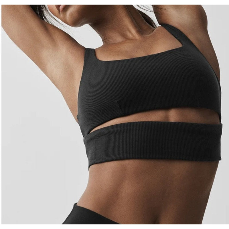 Alo Slit Ribbed Cutout Sports Bra Black Small