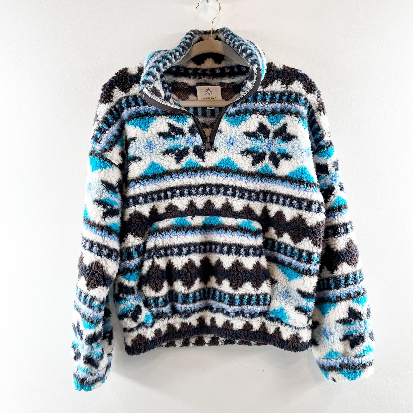 Aerie Hometown Holiday 1/4 Zip Fleece Fair Isle Jacket Blue XS