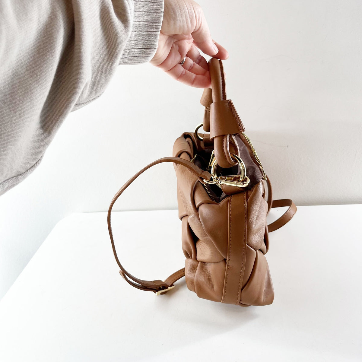 Valentina Fiore Quilted Leather Crossbody Bag Purse Brown