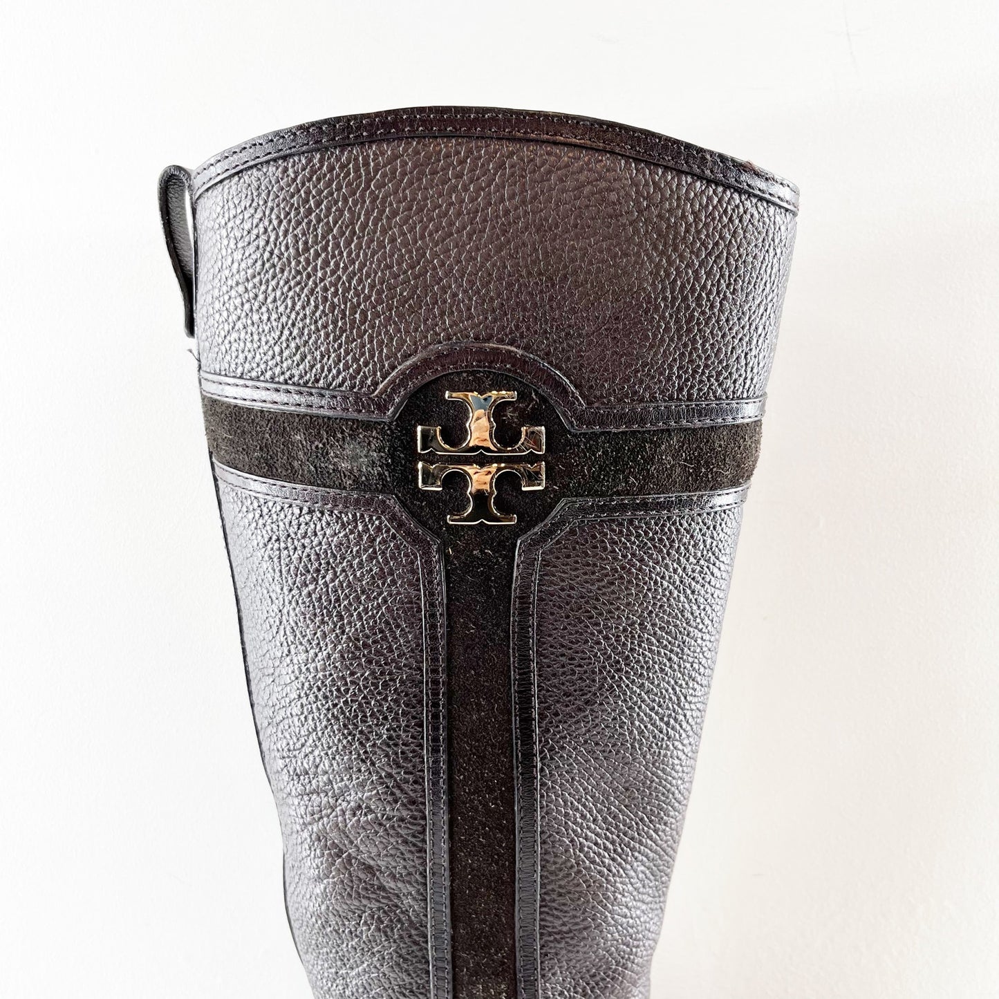 Tory Burch Alaina Pebbled Leather Tall Riding Boots Black Dark Brown 10