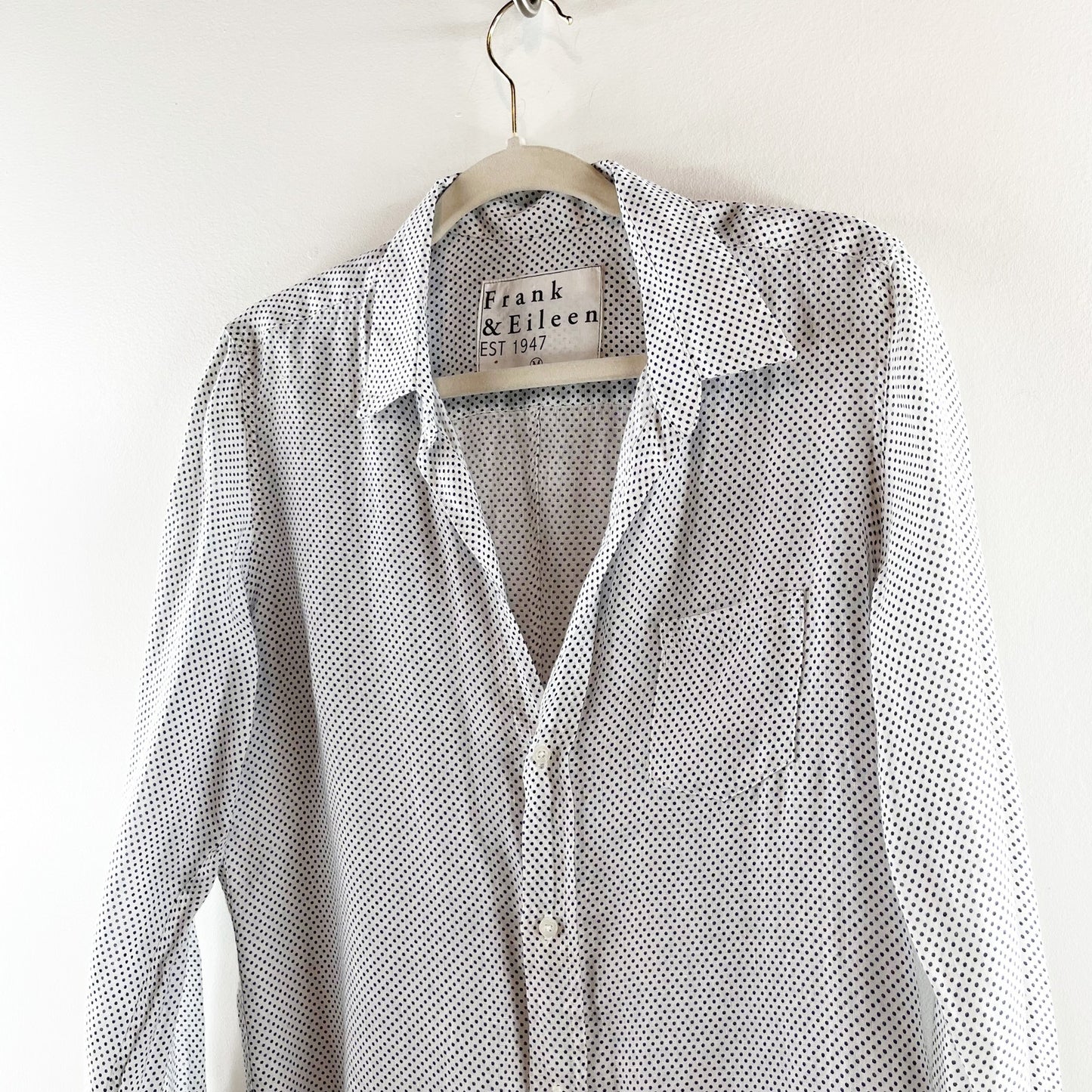 Frank & Eileen Linen Barry Button Down Polka Dot Blouse Shirt White Medium