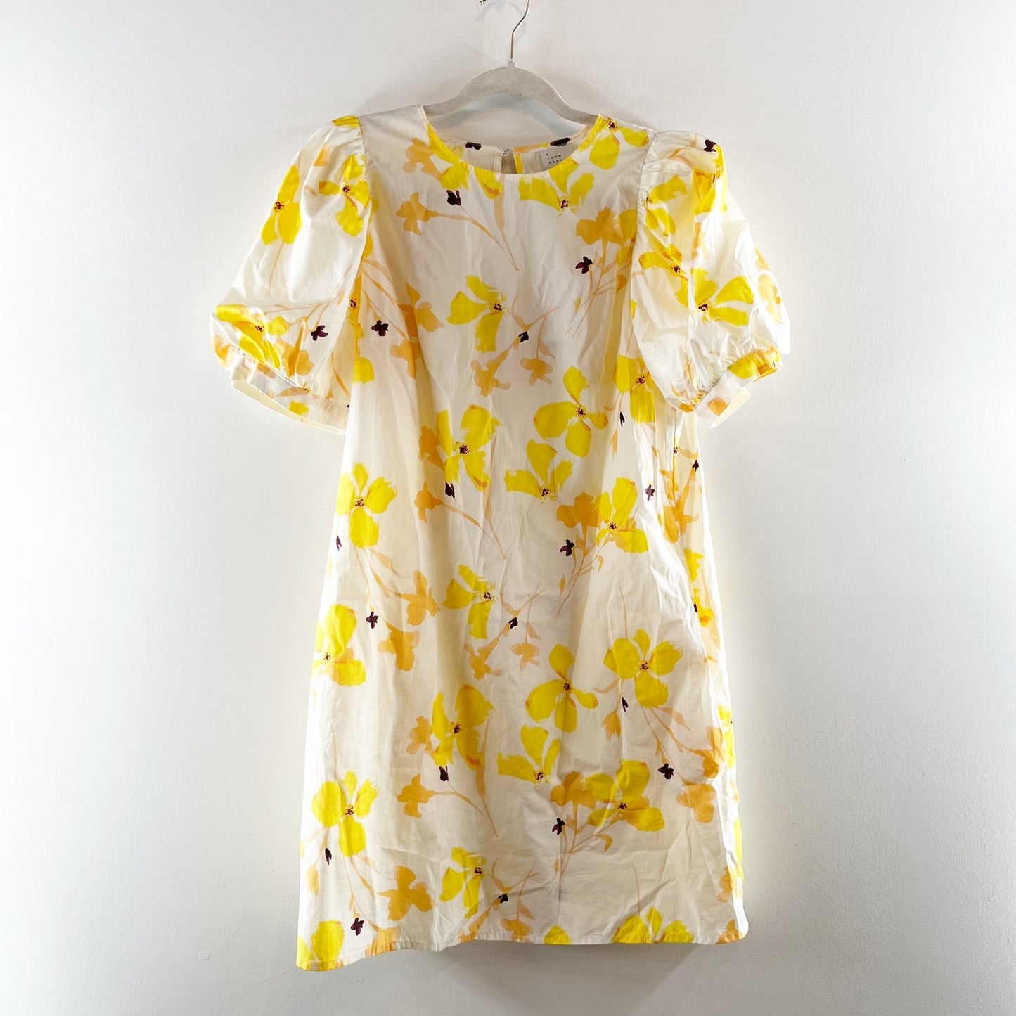 A New Day Floral Print Puff Sleeve Mini Shift Dress White Yellow Medium