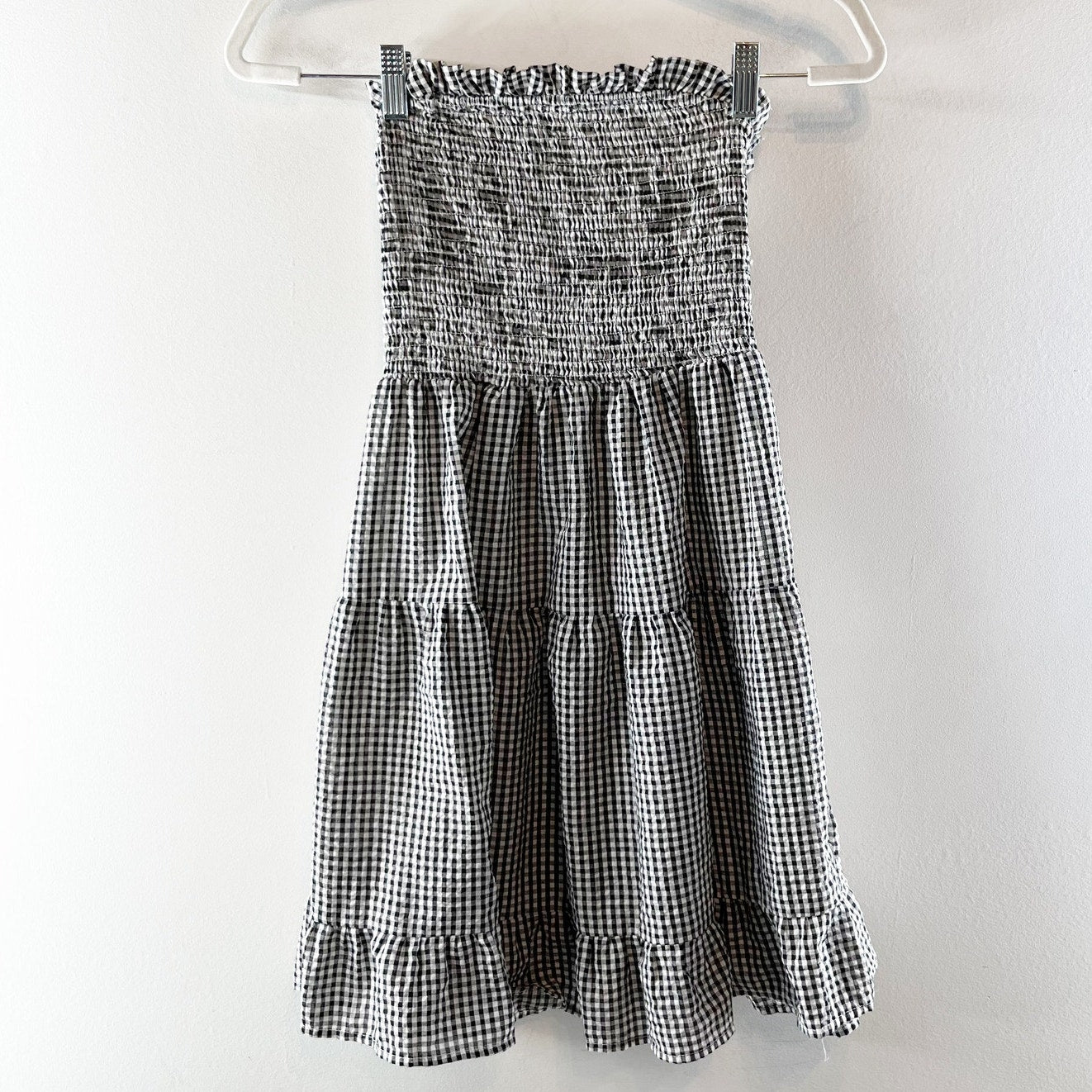 Goodnight Macaroon Strapless Smocked Bodice Tiered Gingham Mini Dress Black S
