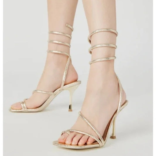 Steve Madden Shantelle Ankle Wrap Strappy Square Toe Sandals Gold Snake 8.5