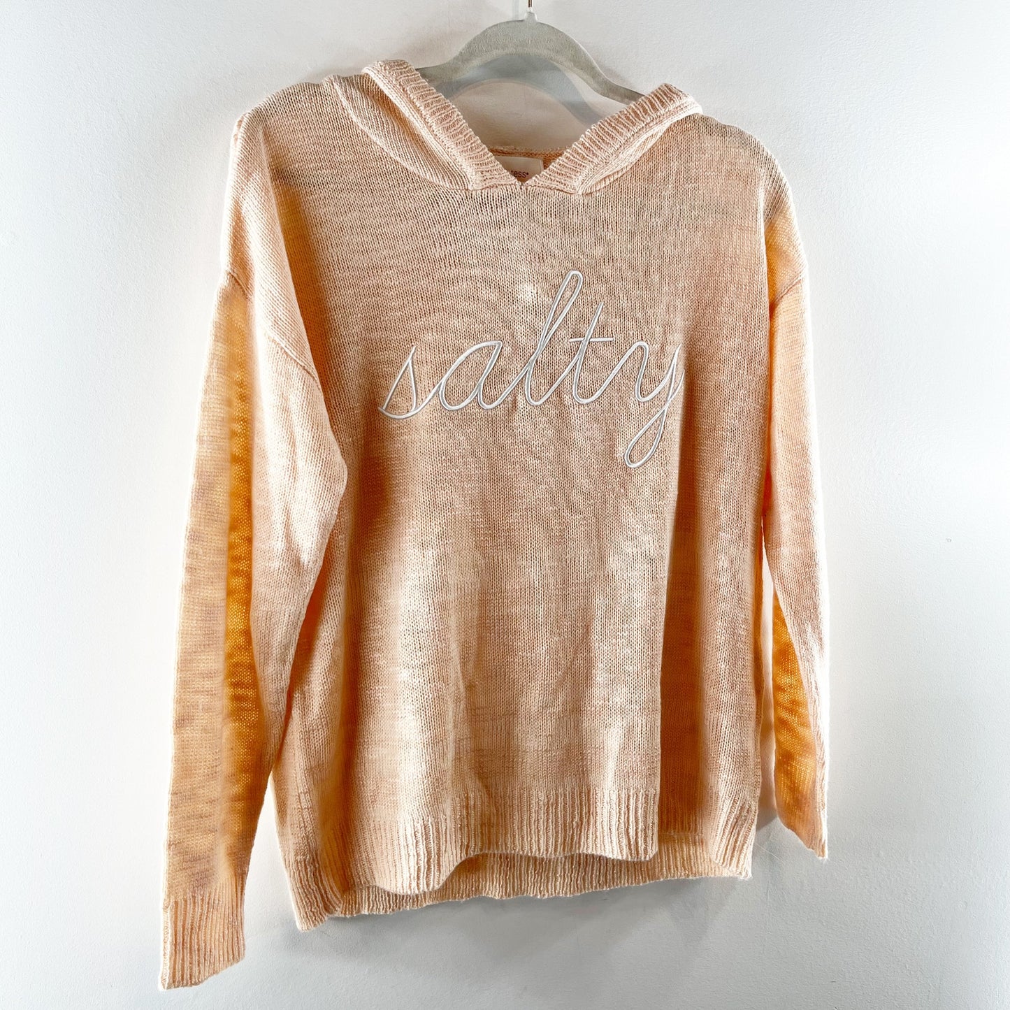 Mia & Tess Salty Embroidered Long Sleeve Knit Sweater Hoodie Peach Orange Small
