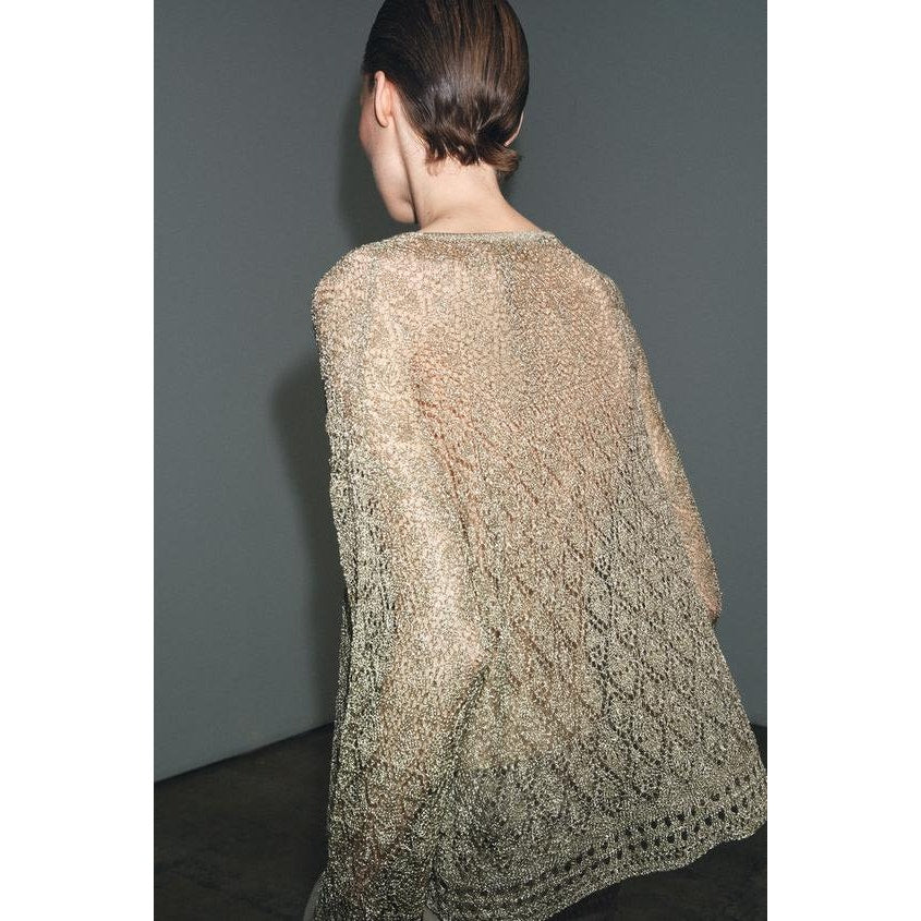 Zara Metallic Thread Long Sleeve Pointelle Knit Jumper Sweater Gold Small
