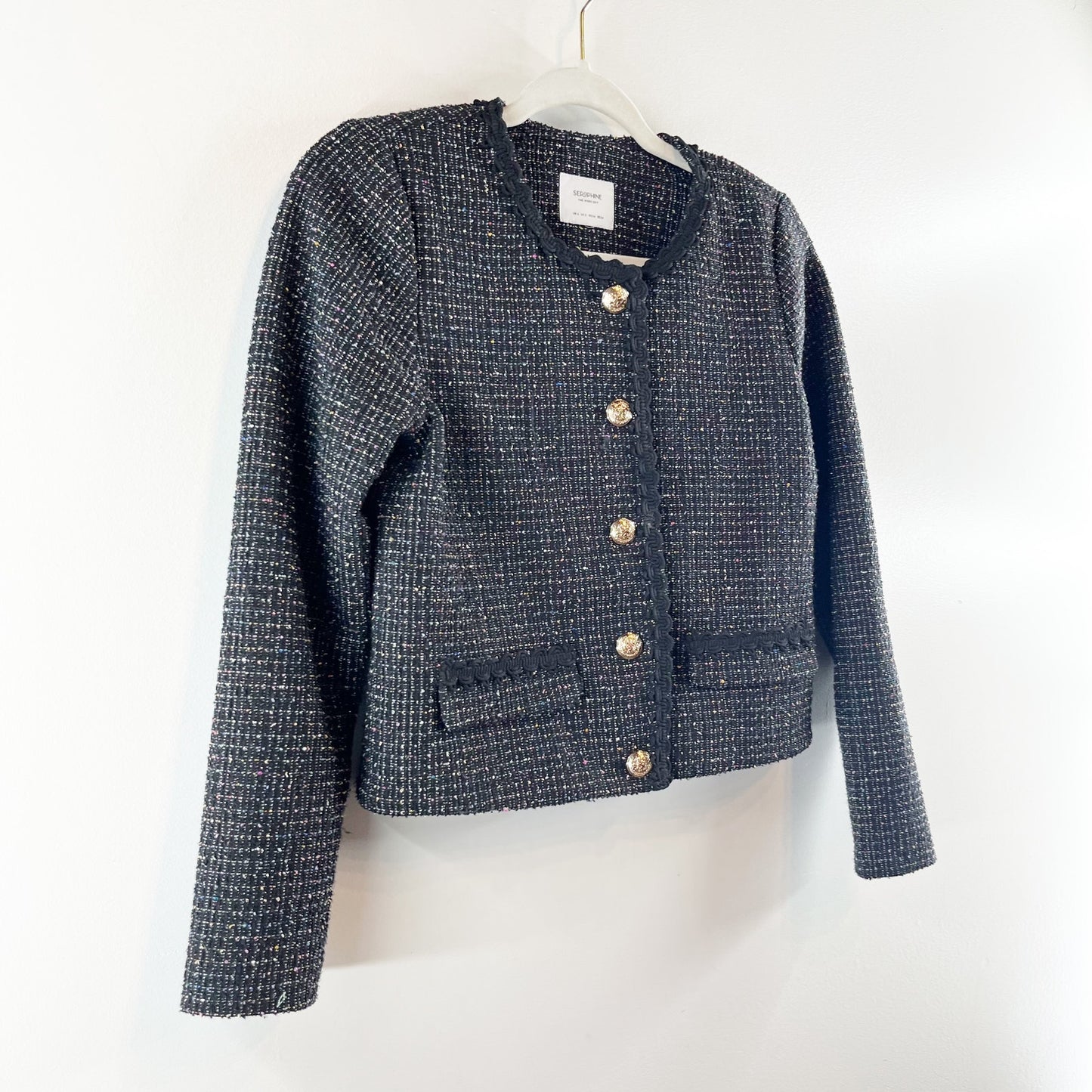 Seraphine Long Sleeve Tweed Cropped Blazer Jacket Black 2