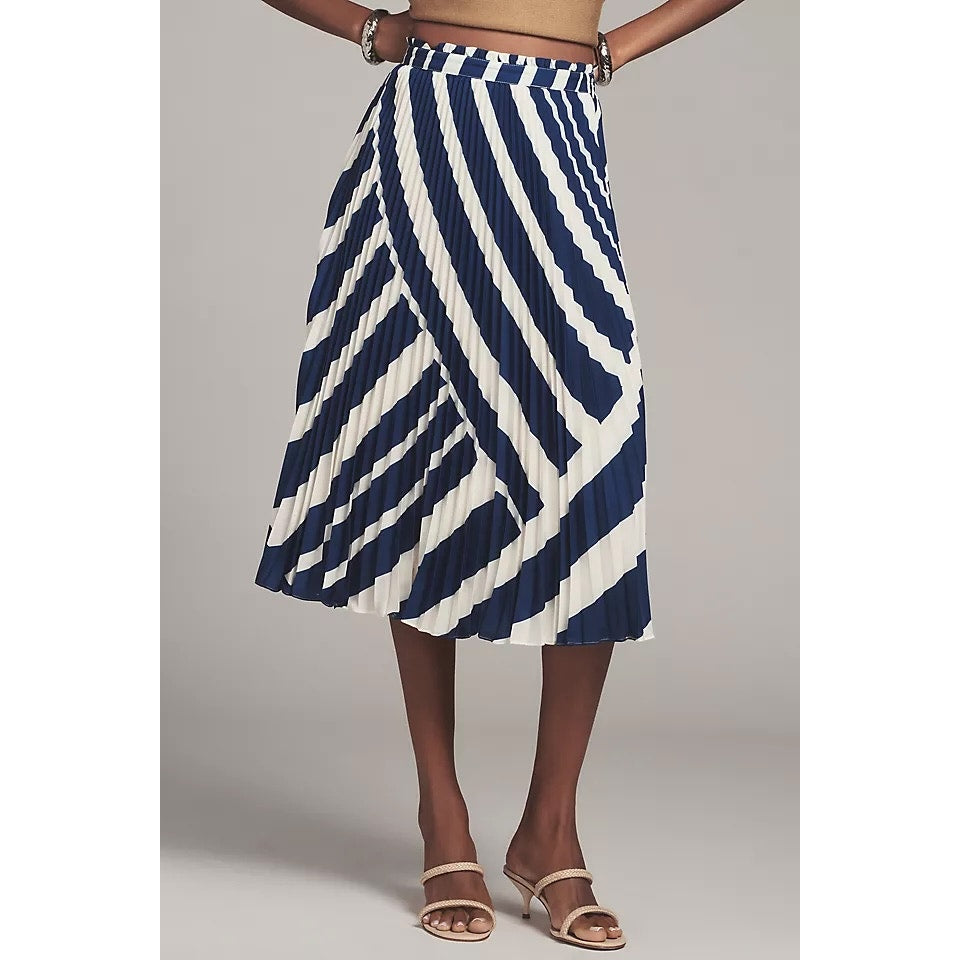 Anthropologie The Valarie Pleated Striped Midi Skirt Blue White XS