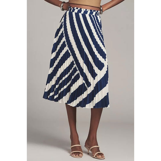 Anthropologie The Valarie Pleated Striped Midi Skirt Blue White XS
