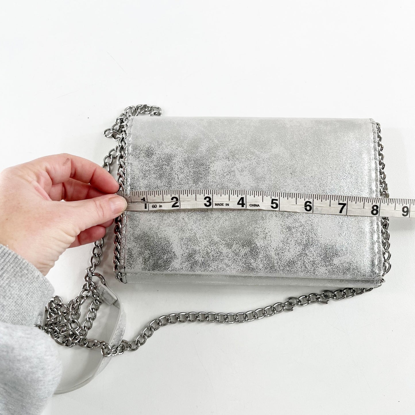 Chelsea28 Metallic Silver Leather Flap Crossbody Purse Clutch Bag w/ Chain Strap