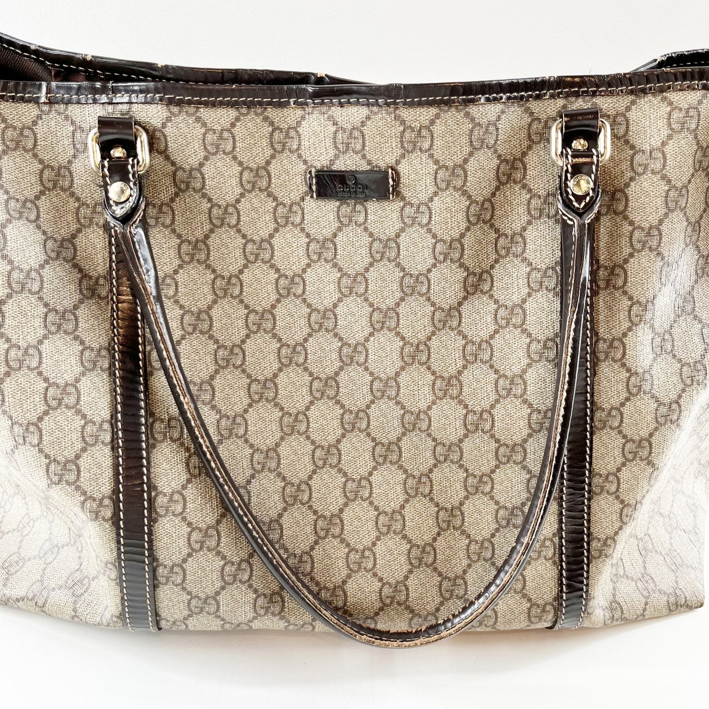 Gucci Joy GG Supreme Canvas Tote Bag Purse Tan Beige Brown